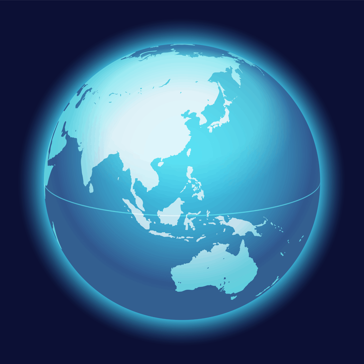 A stylized blue and white digital illustration of a globe centered on Asia and Oceania.