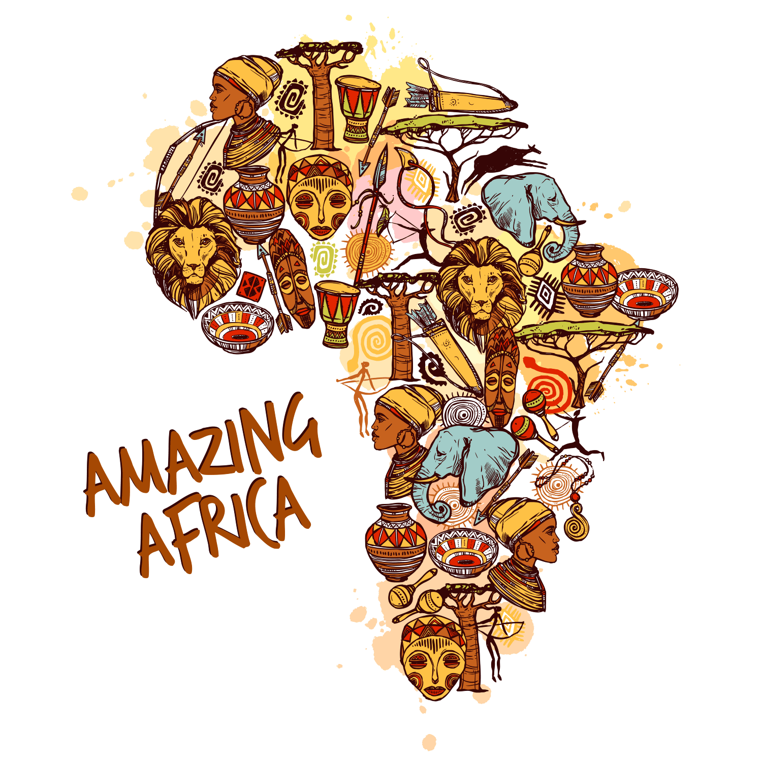 An artistic map of Africa composed of cultural icons, including tribal masks, wildlife like lions and elephants, and traditional pottery.